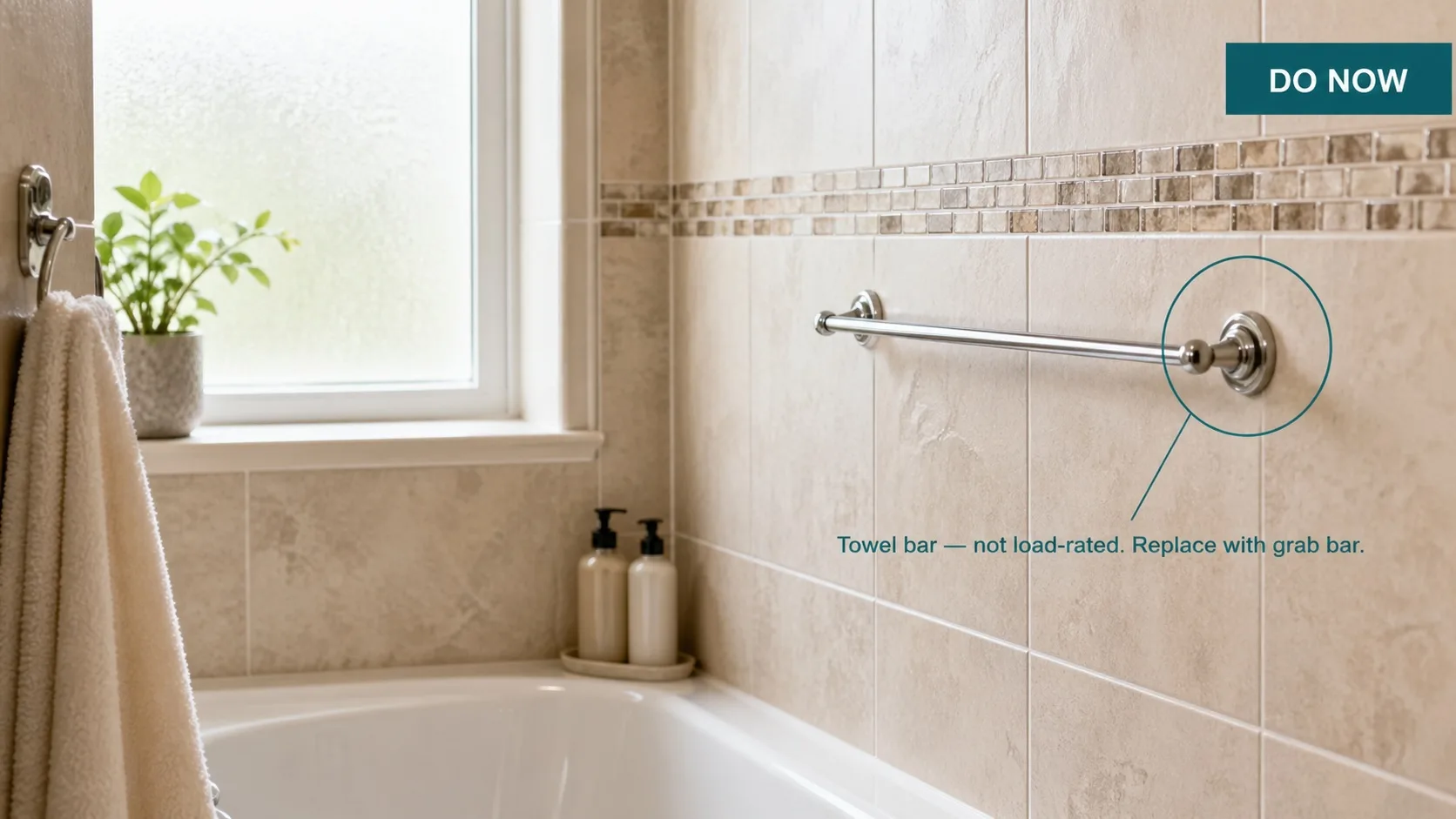 Documentation-style photo of a bathroom threshold hazard within a sample safety report